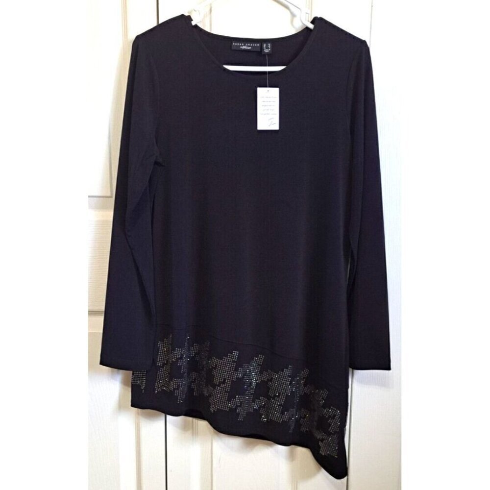 Susan Graver Artisan Woman's XS Black Long Sleeve Tunic Rhinestones New w/Tags - Picture 2 of 7